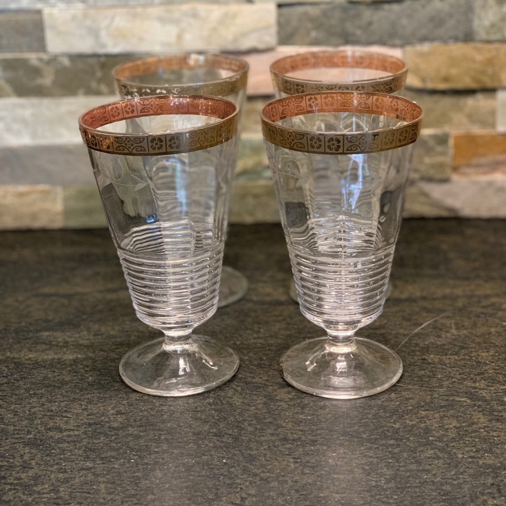 FEDERAL GLASS | Set of 4 | 22 Kt Gold Trim Crystal Water Goblets